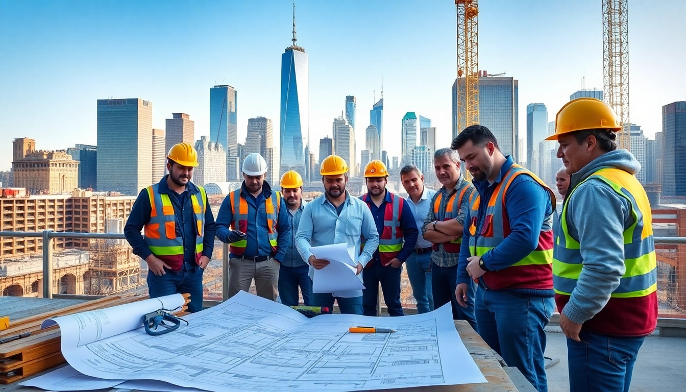 New York Commercial General Contractor's team collaborating on a construction site in front of the skyline.