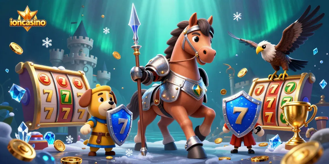 Experience the thrill of ioncasino with knights, slot reels, and golden trophies in a vibrant 3D illustration.