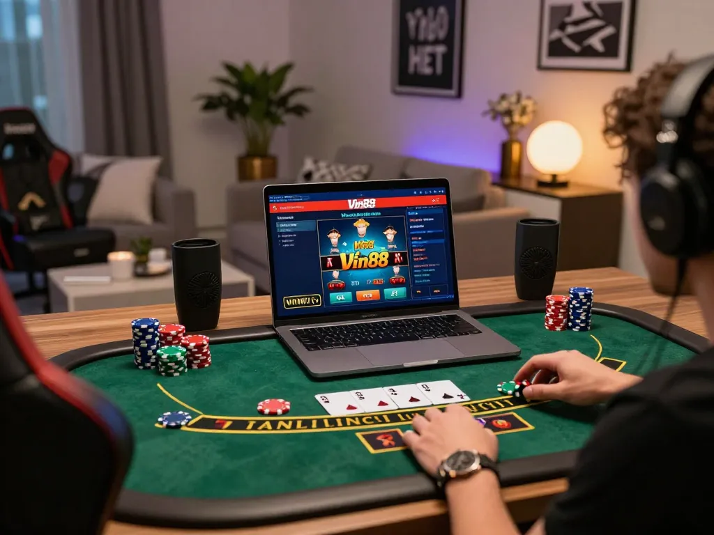 Vin88 online casino gaming setup featuring blackjack action with stylish decor and engaged player.