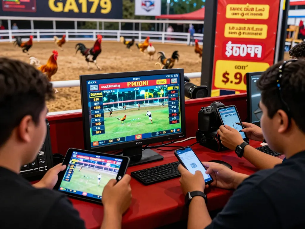Exciting live betting environment at https://ga179.press/ with vibrant visuals of cockfighting matches and digital promotions.