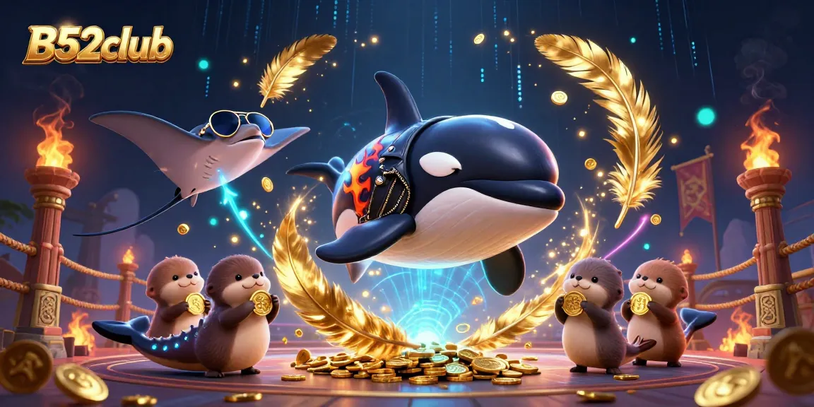 B52club offers thrilling gaming excitement where otters cherish golden coins in an electrifying setting.