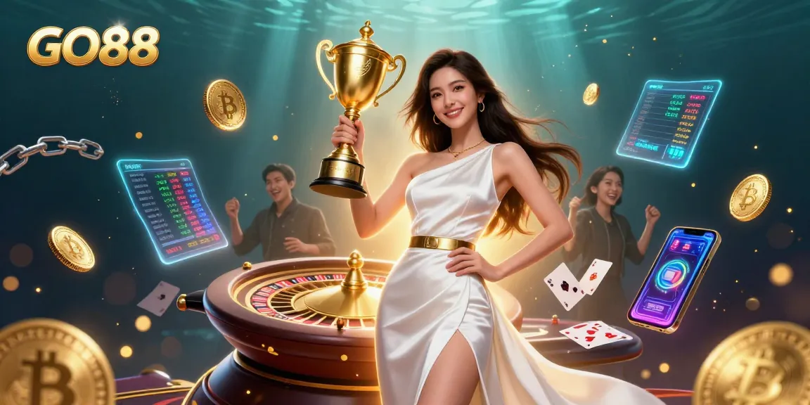 Experience the excitement of GO88 with interactive casino elements and a triumphant atmosphere in this stunning illustration.
