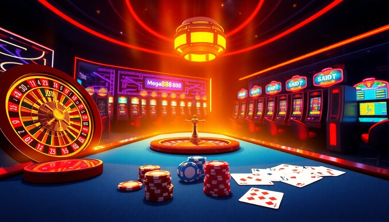 Experience the excitement of casino gaming as you DOWNLOAD MEGA888 through a vibrant mobile interface showcasing slot machines and poker chips.