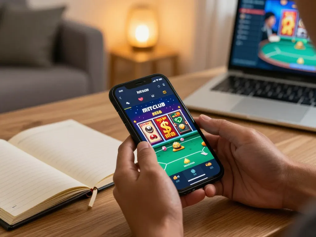 Engaging scene of a player downloading tải hitclub app on smartphone with gaming graphics displayed, comfortable home setup.
