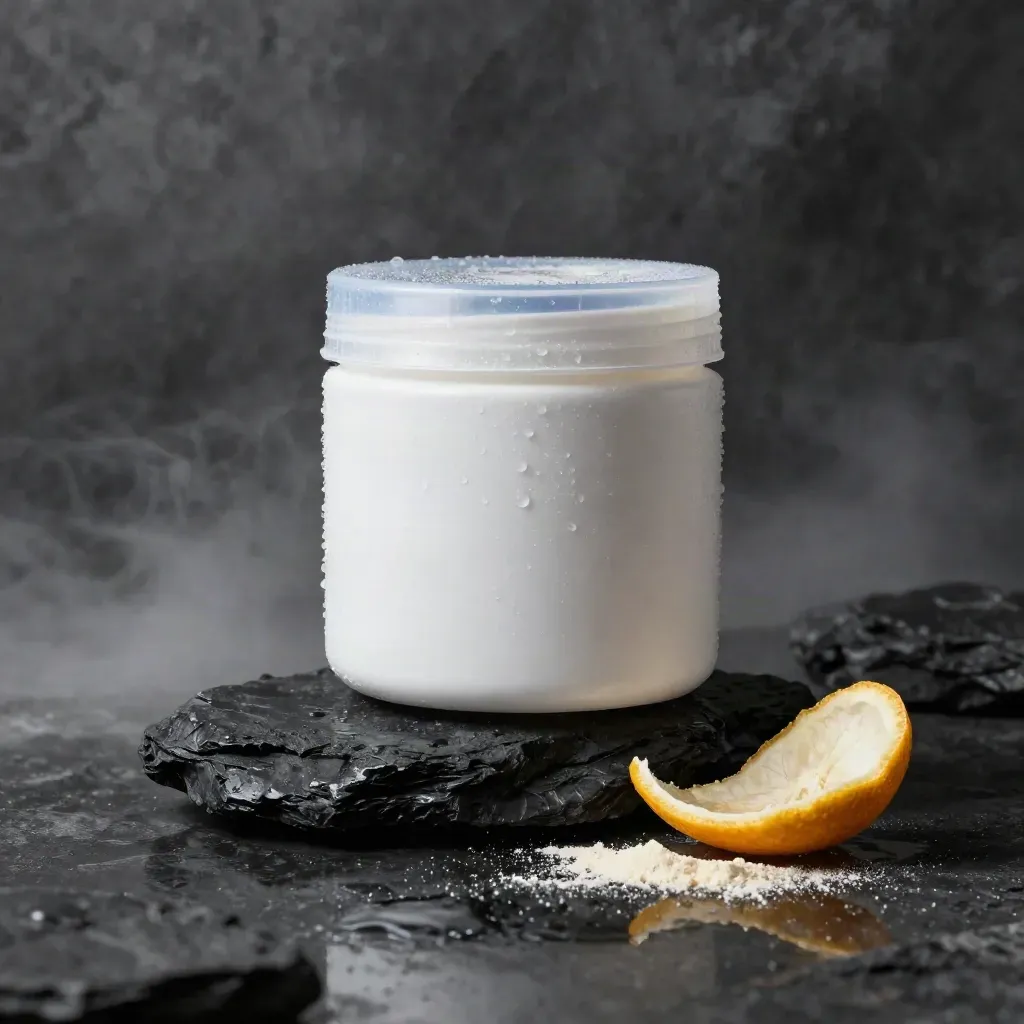 Unbranded pre-workout tub on wet charcoal stone with citrus peel and blue rim light