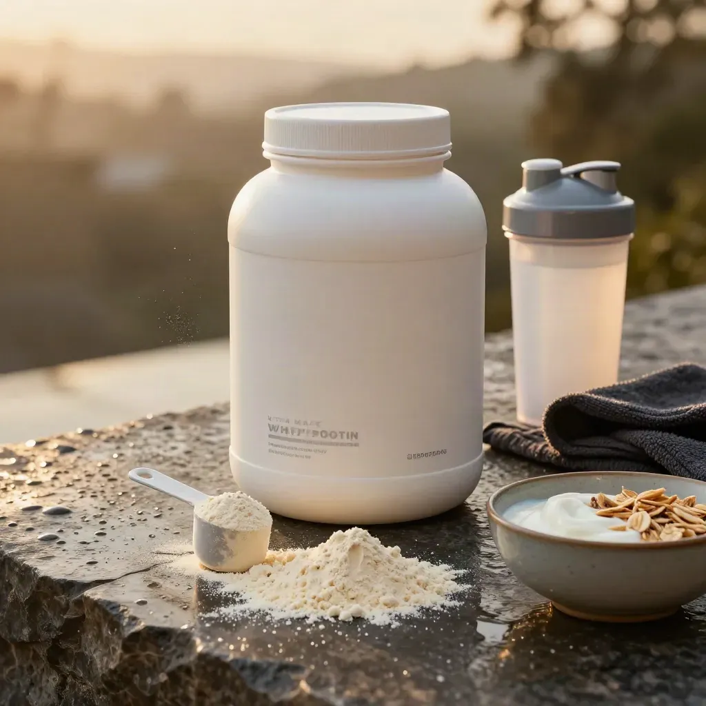 Whey protein tub with shaker, towel and powder on rain-dark stone in golden light.