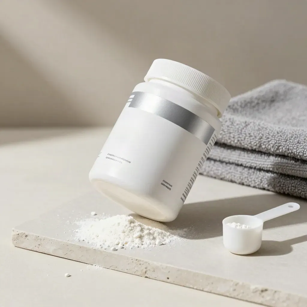 Floating creatine tub above pale plaster with drifting crystals and soft studio light.
