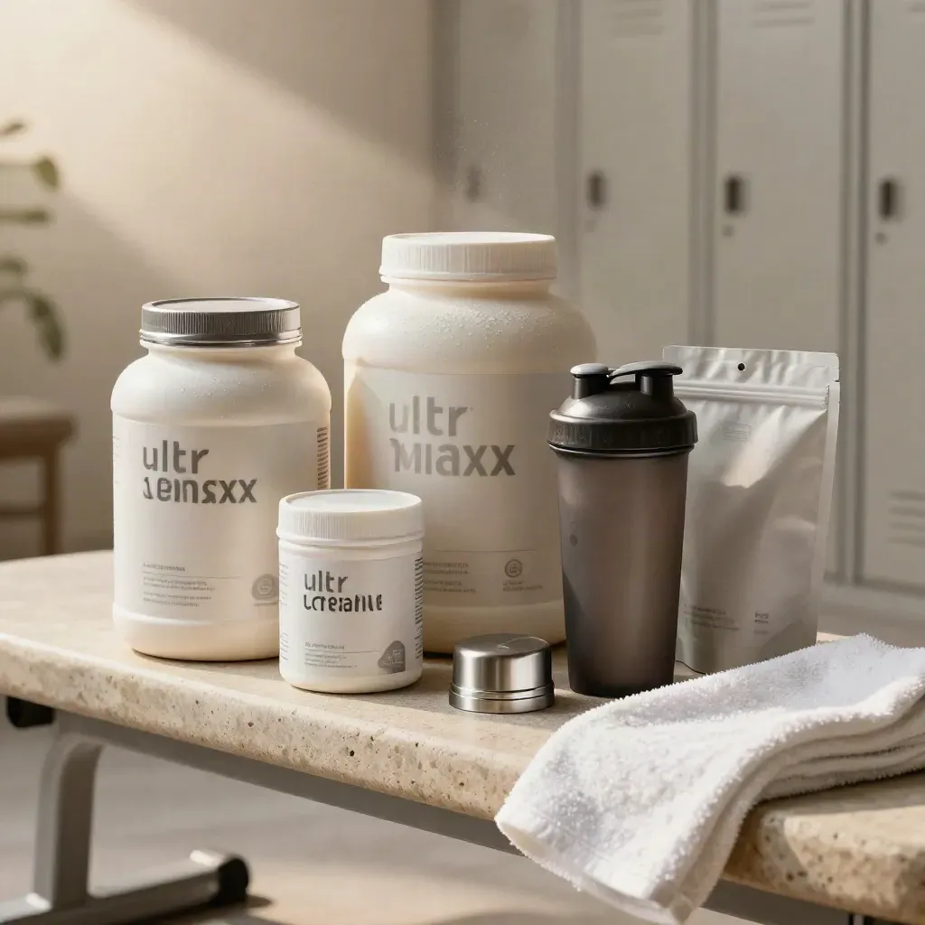 Unbranded supplement bundle on a stone gym bench with shaker, tubs, pouch and mist.