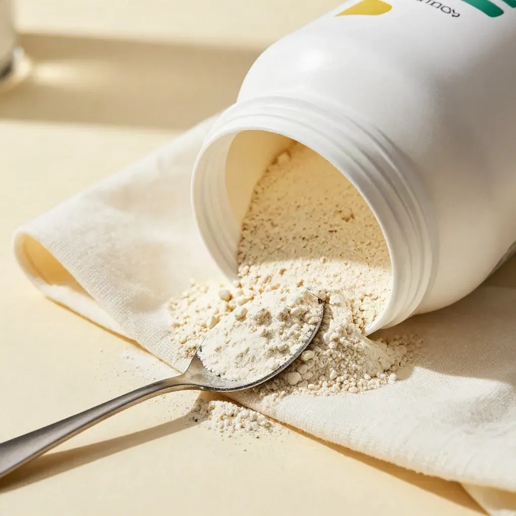 Macro whey protein tub in cream fabric with scoop and steel spoon