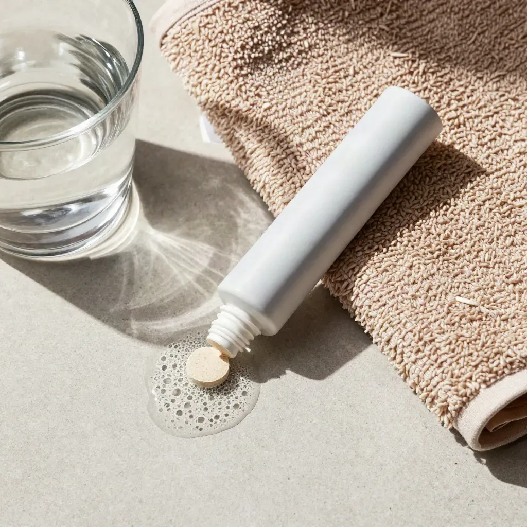 Overhead flatlay of electrolyte tabs tube, glass, towel, and fizzing tablet in water