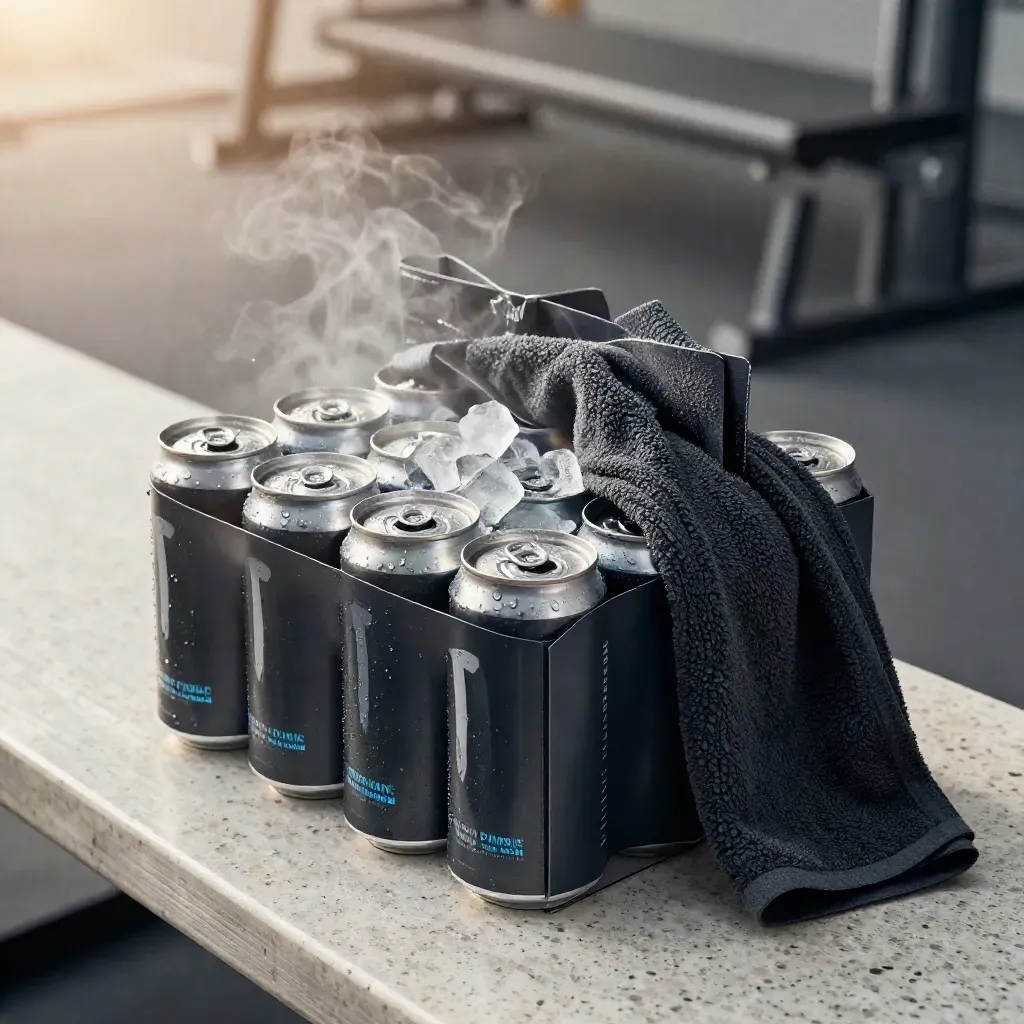 Chilled crate of matte energy drink cans with ice and a gym towel on pale travertine.