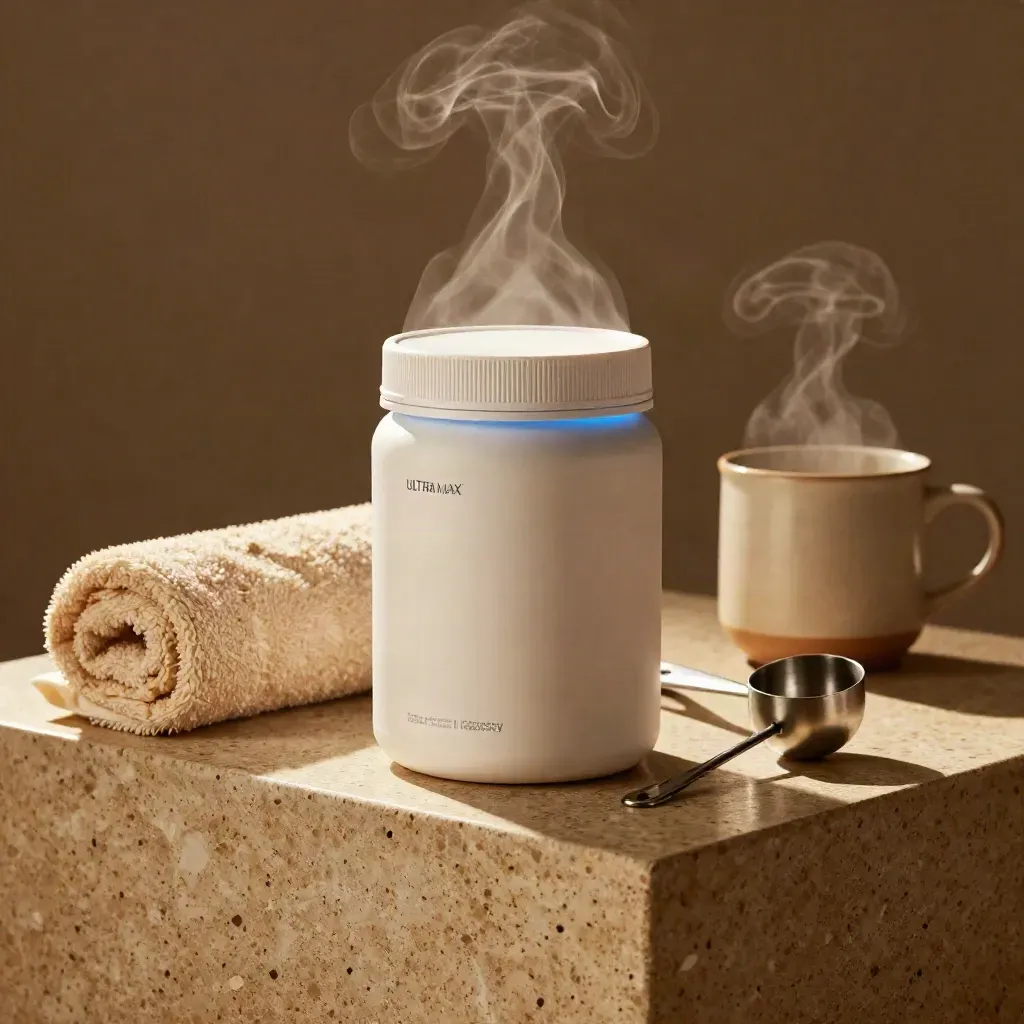 Recovery supplement tub beside towel and steaming cup on warm stone, dramatic studio lighting