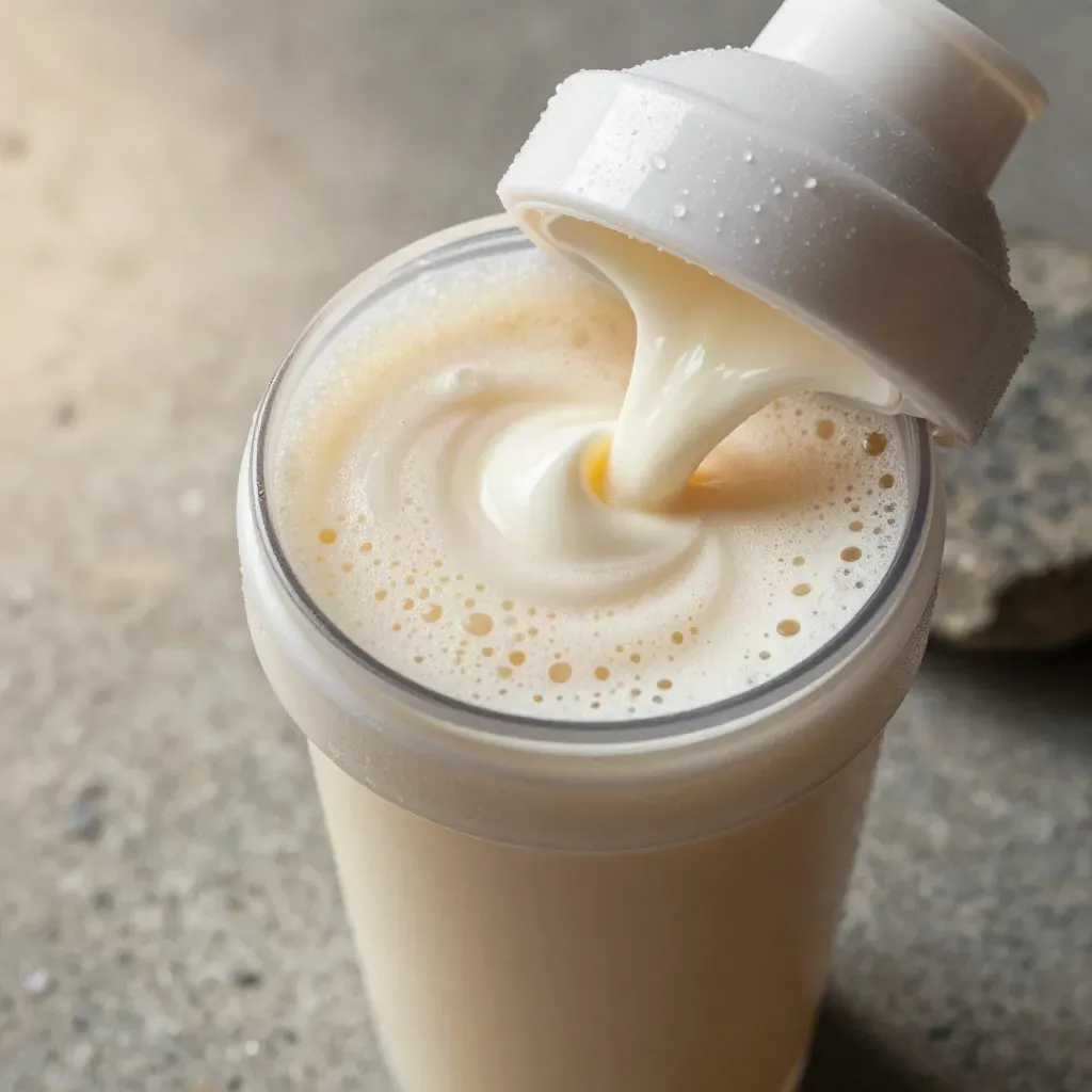 Macro shaker bottle with frothy vanilla mix and silver droplets on brushed stone.