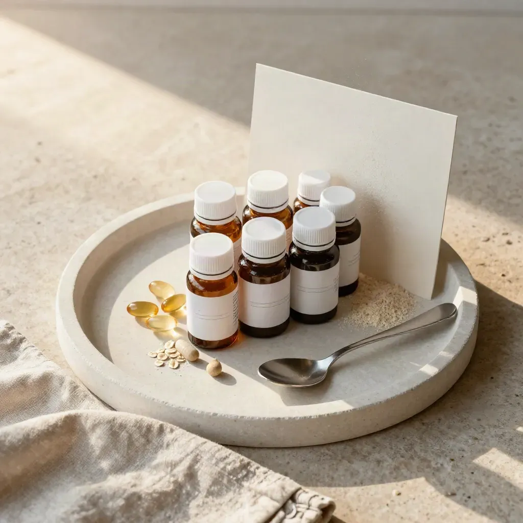 Overhead flatlay of vitamin bottles, capsules, spoon and linen on pale stone in morning light