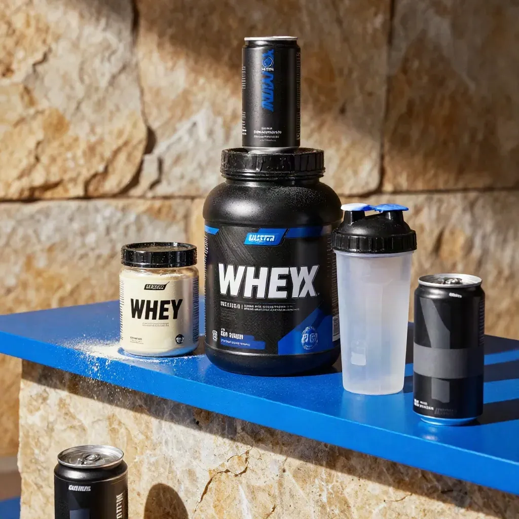 Supplements on an electric-blue reflective surface with powder burst and warm stone backdrop.