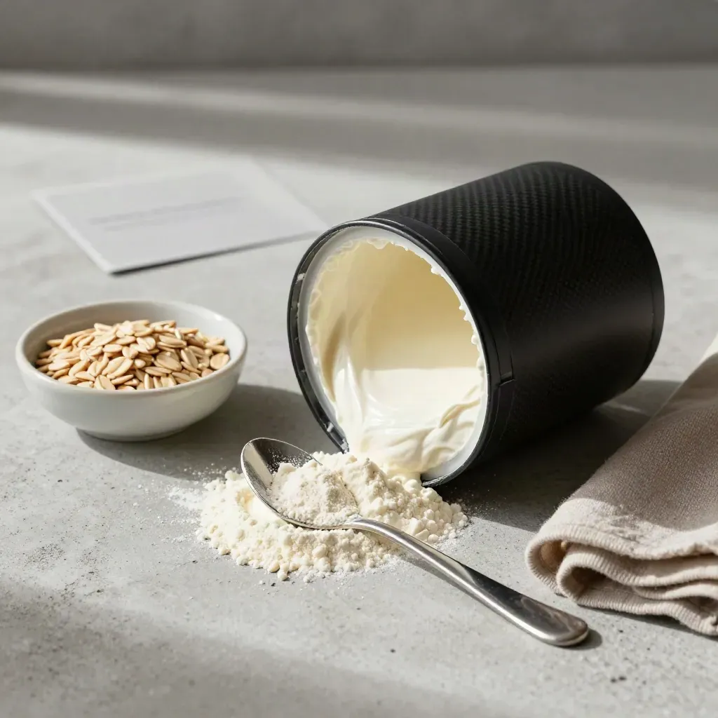 Overhead casein protein tub with oats, spoon, wool cloth and powder spill on pale concrete.
