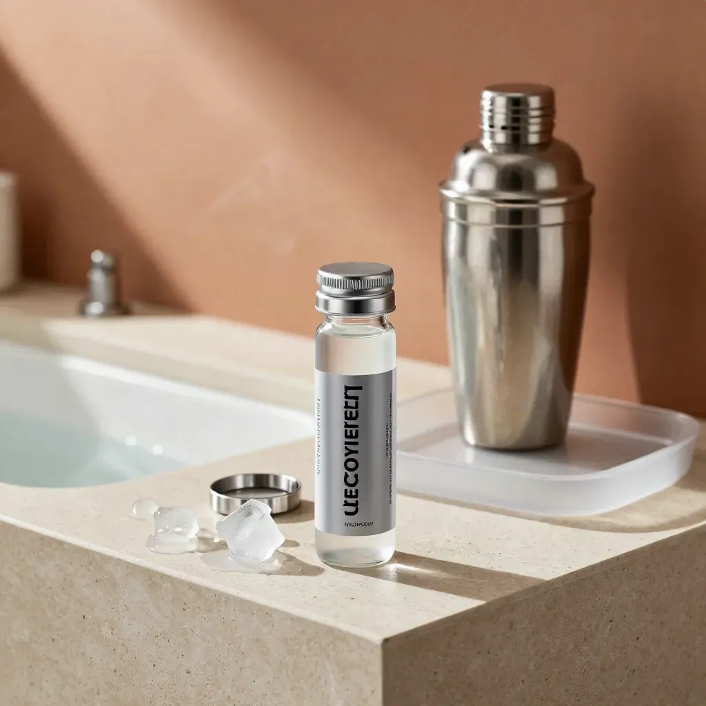 Electrolytes tub beside a chilled glass with ice in a stylish gym recovery setting.