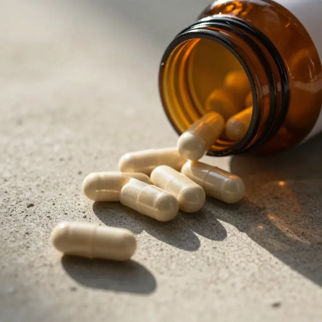 Amber creatine capsule bottle with capsules arcing on warm concrete, top-down macro.