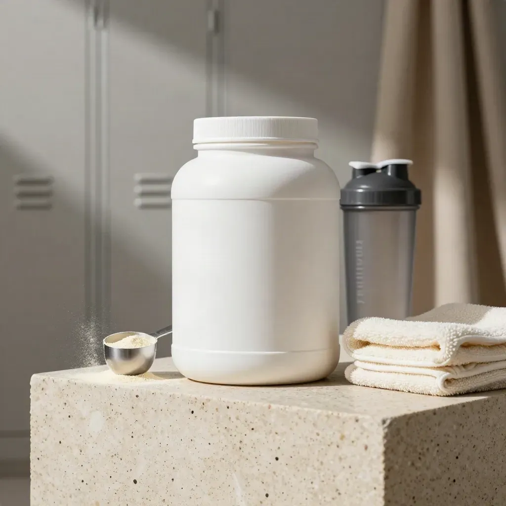 Unlabelled whey protein tub on pale travertine with powder arc and folded towel