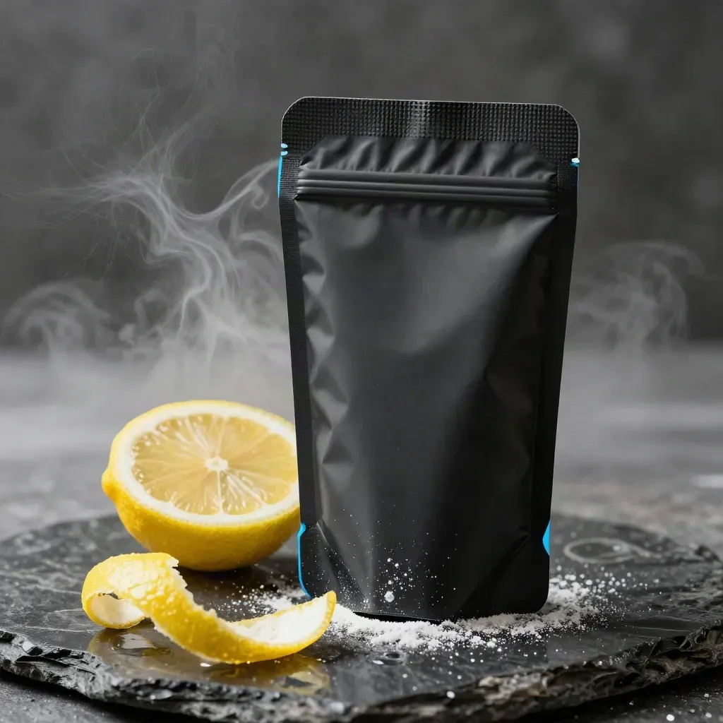 Matte-black pre-workout pouch with citrus peel burst on damp stone, lit in a dramatic studio.