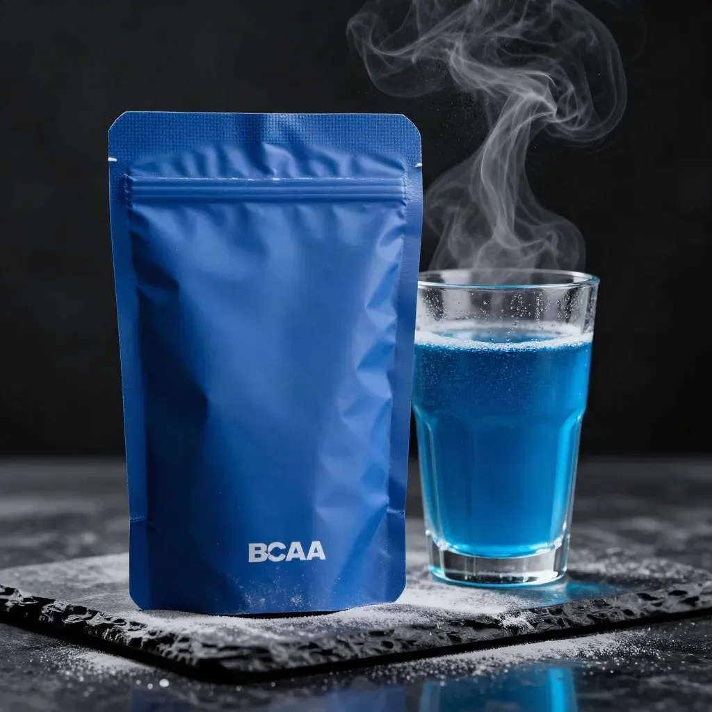 Blue raspberry BCAA pouch beside a frosted glass, lit by blue rim light and powder haze.