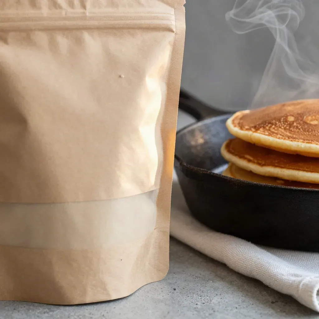 Macro of pancake mix pouch, cast-iron pan, stacked pancakes and linen napkin with rising steam.