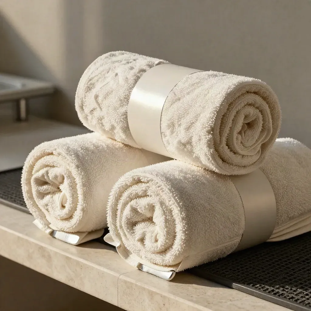 Overhead of two rolled cream gym towels on a stone shelf with soft steam haze.