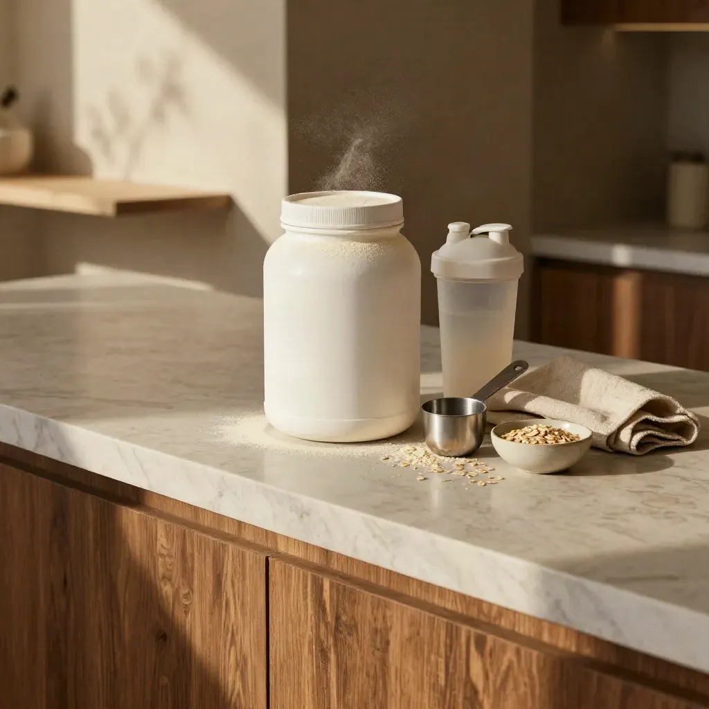 Sunlit marble nook with protein tub, shaker bottle, scoop and linen on a pale stone counter.