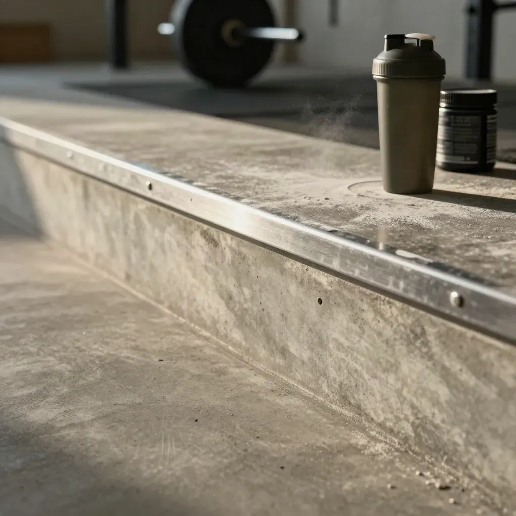 Concrete gym ledge with chrome edge, chalk haze, and blurred supplement items above