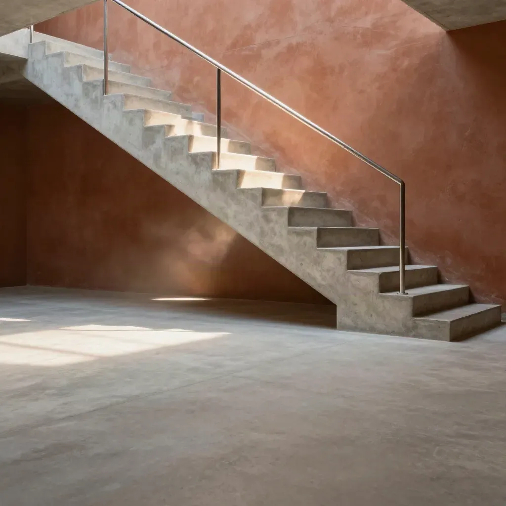 Sunlit concrete stairwell with pale stone steps and a silver handrail, open space below