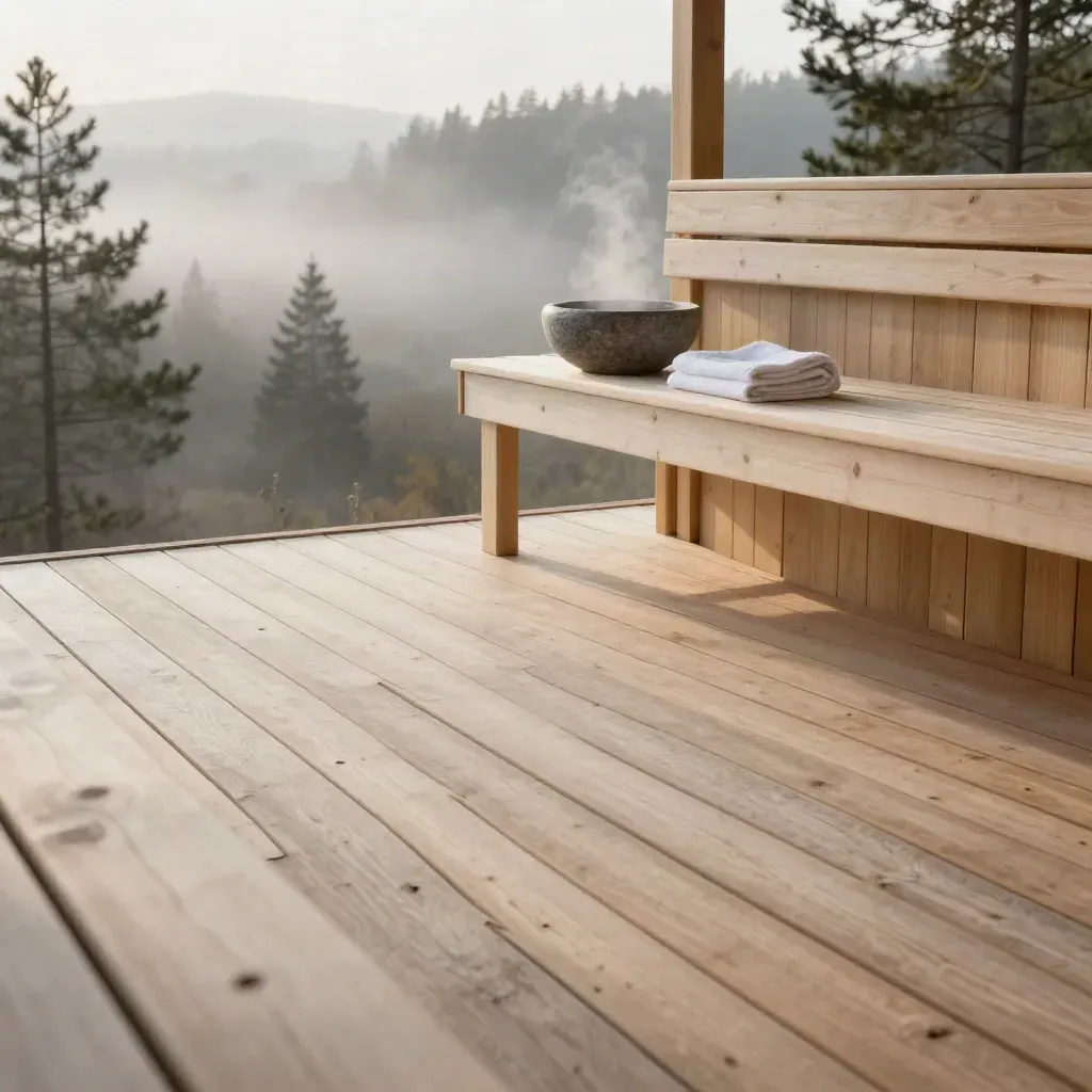 Wooden sauna deck above a misty valley with towel and water bowl at dawn.