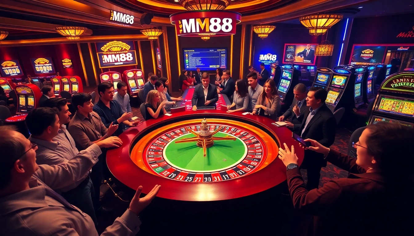 Excited gamblers at MM88 casino table celebrating wins with vibrant poker chips.