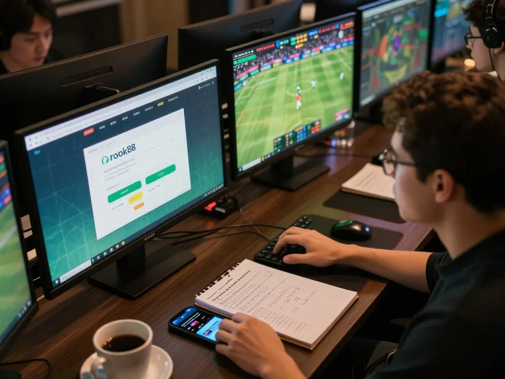 rokok88 login interface shown on screen while person strategizes sports betting at home