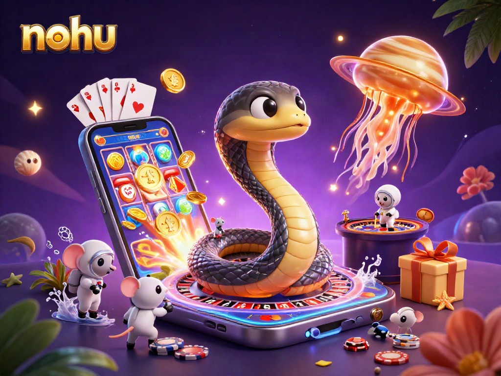 Experience cosmic gaming thrills with nohu as astronaut mice bet on a roulette snake amidst vibrant visuals.