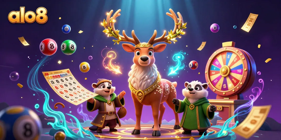 Experience the thrill of gaming at alo8 with golden tickets and vibrant lottery elements in a lively casino scene.