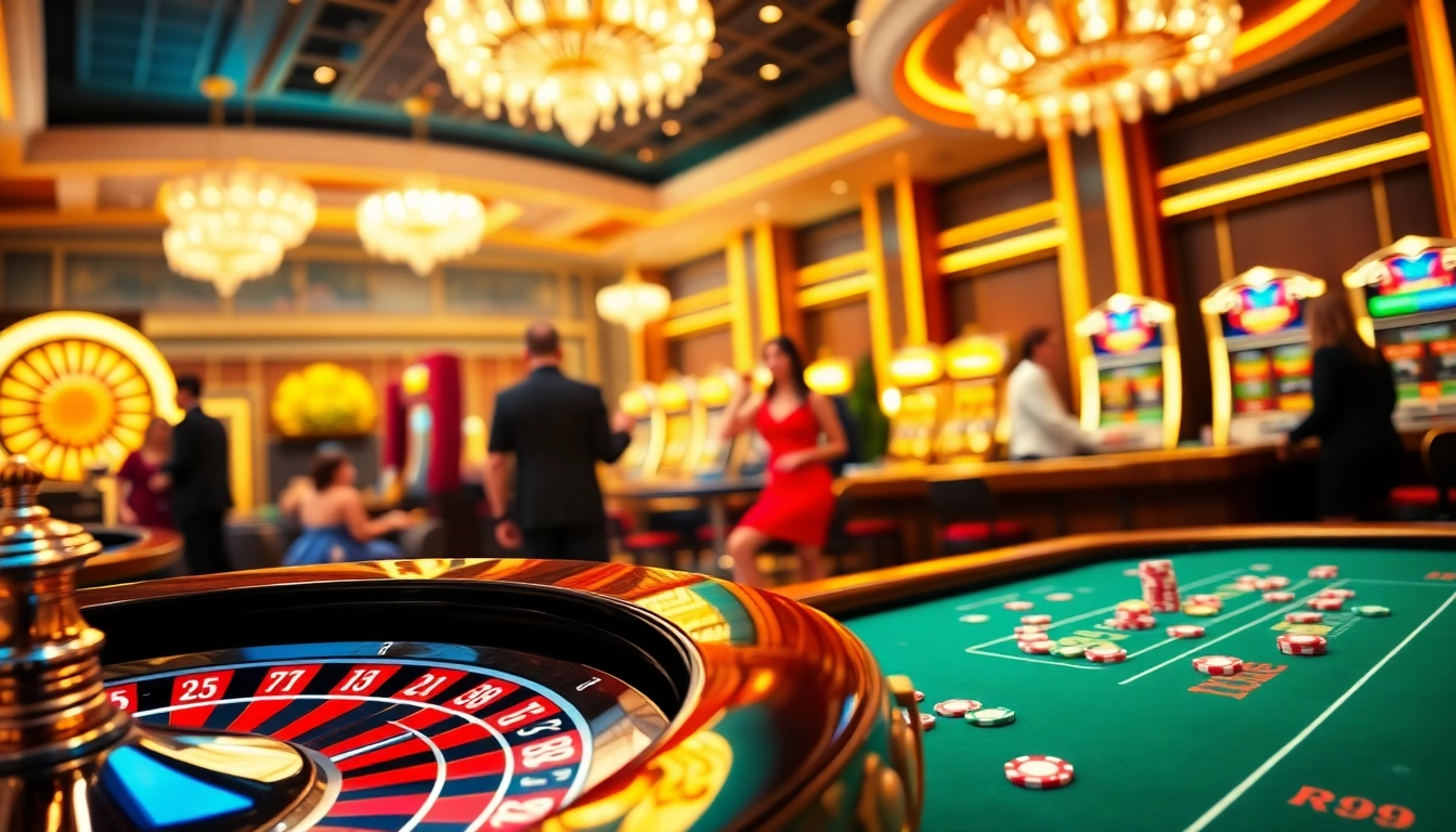 Exciting casino atmosphere at https://rr99x.com/ with roulette wheel and poker chips for gamblers.