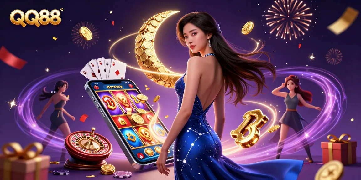 Players enjoy the excitement of QQ88 with vibrant casino elements surrounding them.