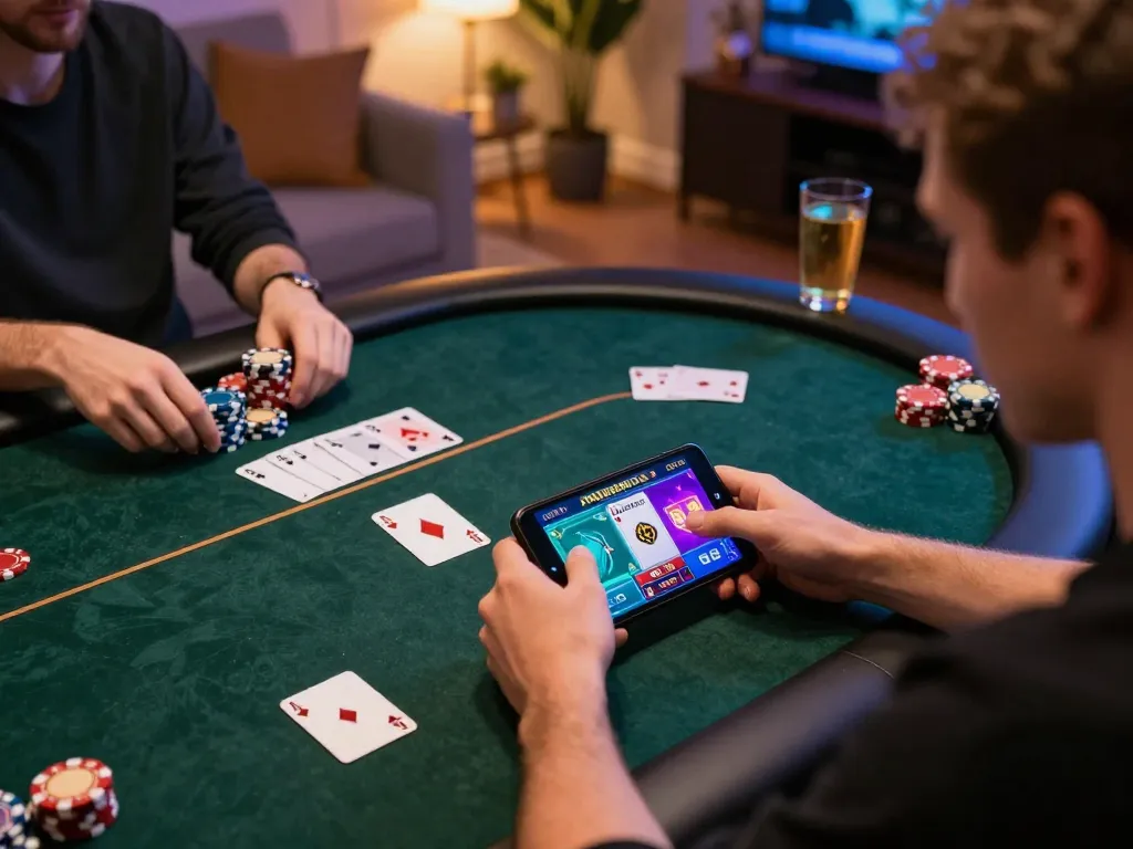Engaging poker gameplay on 1gom mobile app in a cozy home setting, revealing excitement and enjoyment