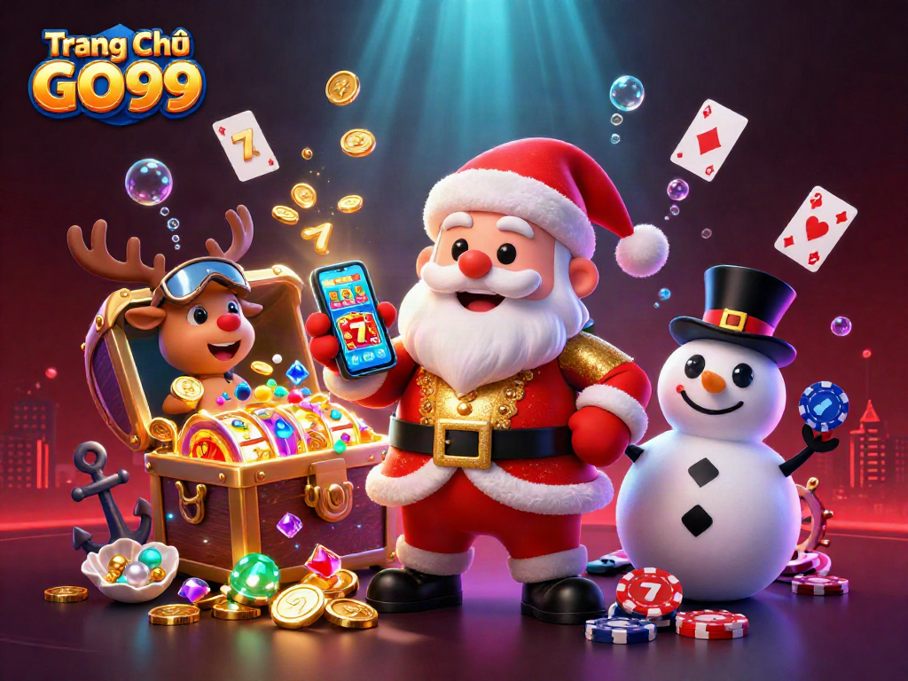 Engage with Trang Chủ GO99's vibrant casino scene featuring Santa with jackpots and festive elements.