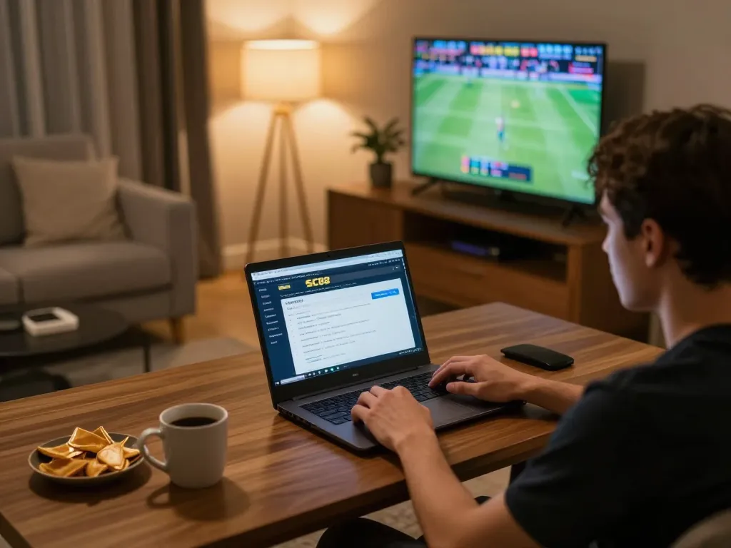 Engaging in online gambling with đăng ký SC88 on a laptop at home, highlighting an immersive gambling experience.