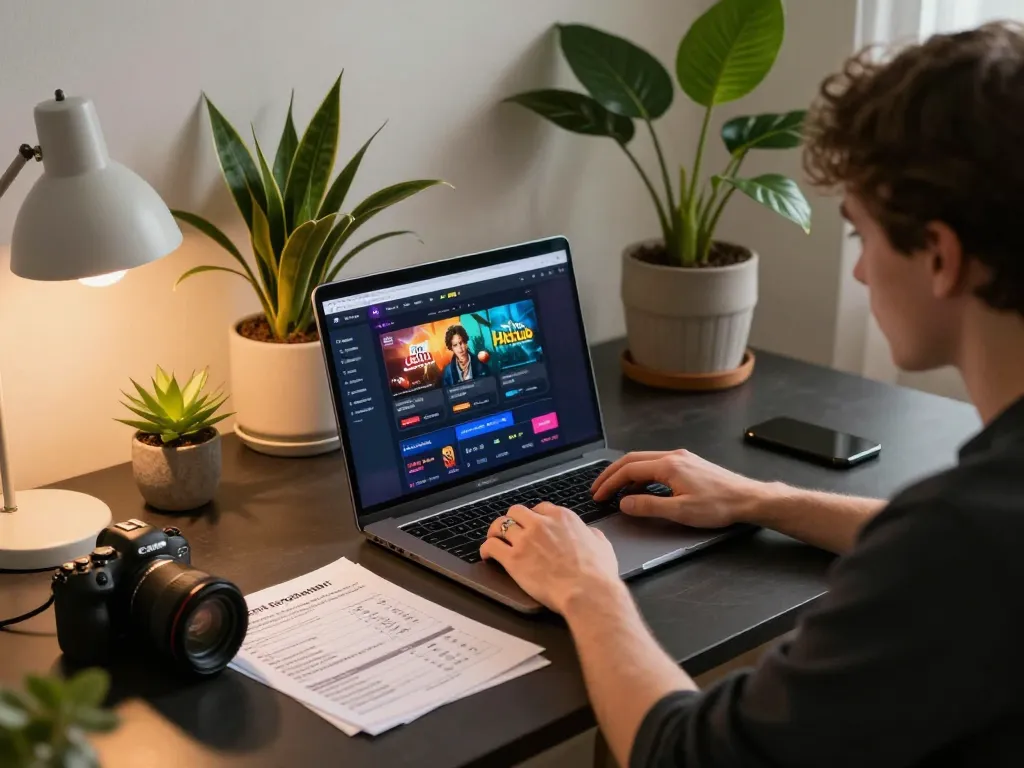 Experience immersive online gaming at https://hitclub.creditcard/ with engaging laptop setup and warm atmosphere.