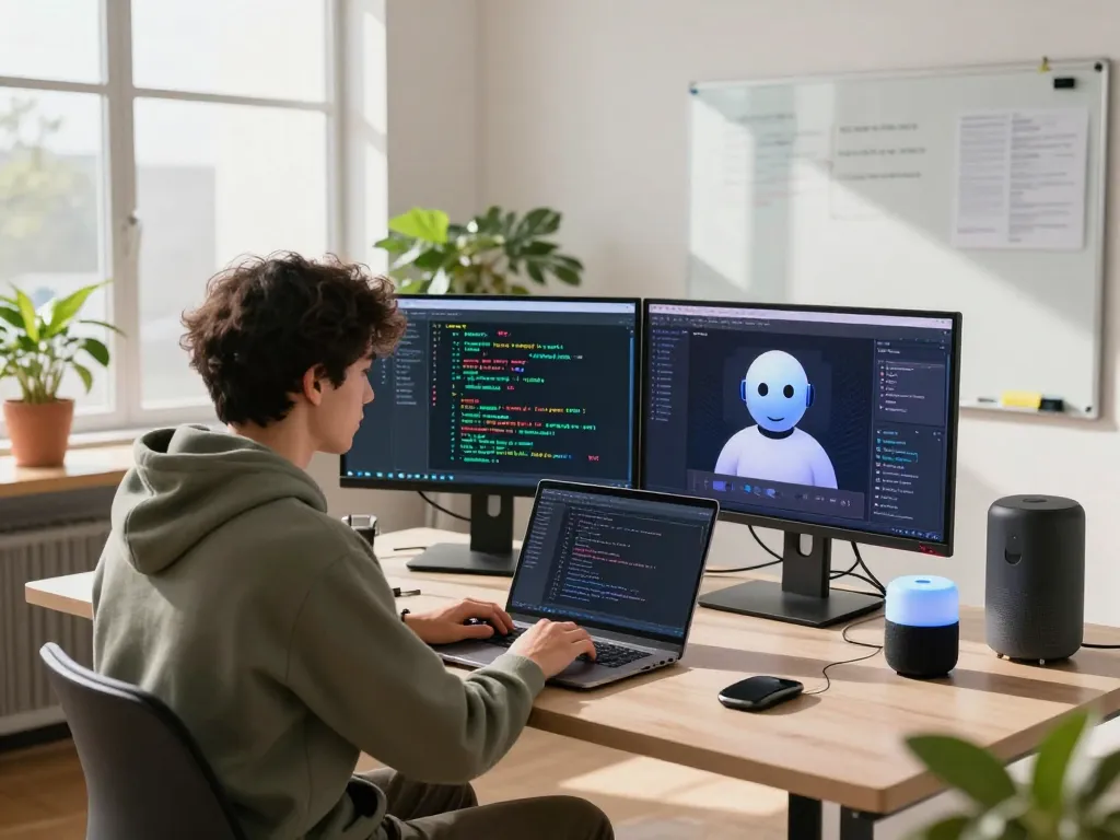 Engaging tech workspace showcasing spicy AI development with dynamic coding and modern gadgets.