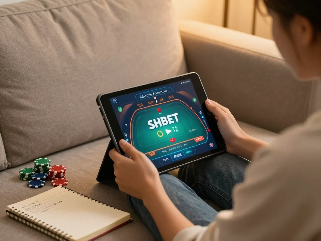 Enjoying online poker strategies through a tablet on SHBET .COM in a cozy home setting.