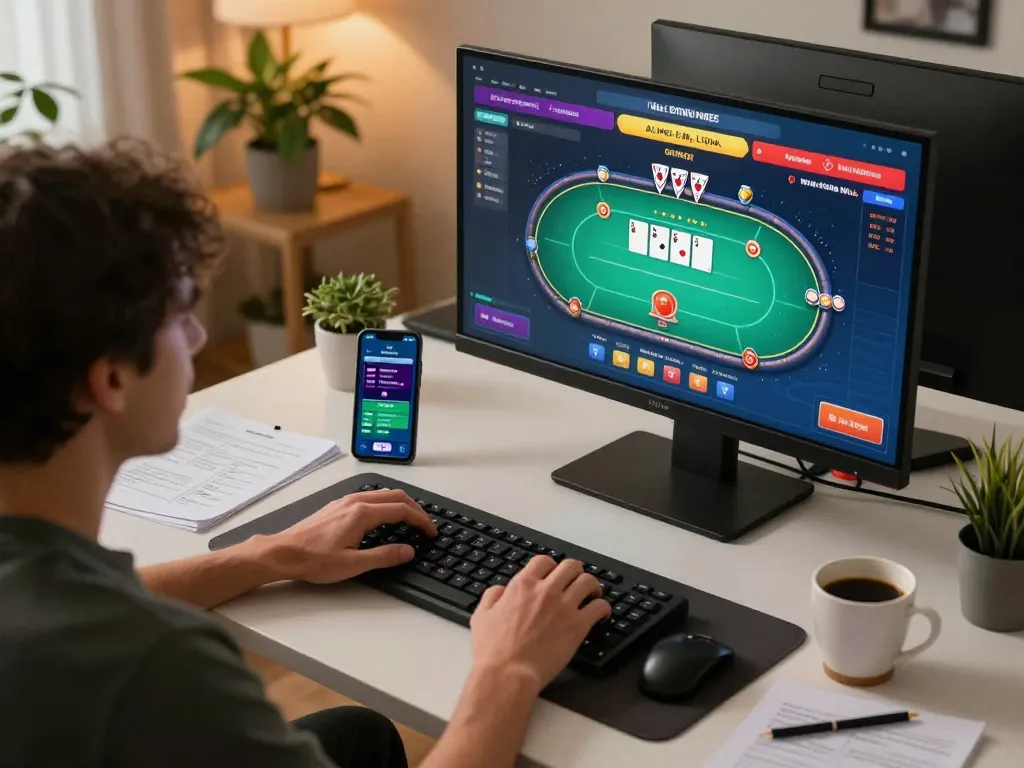 Engaging in online casino poker game at home with tr88 strategies, warm ambiance, and focused workspace