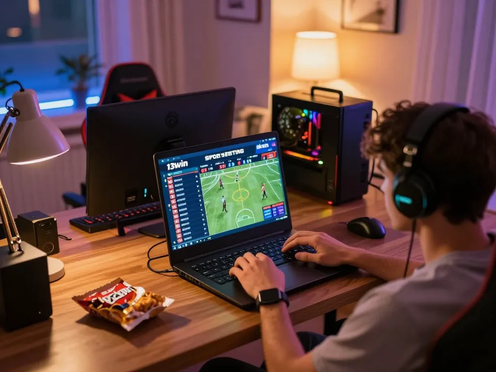 Engaged player using 13win platform for strategic sports betting from home setup.