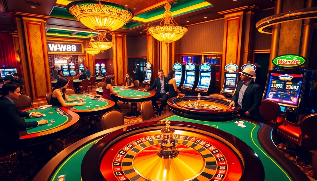 WW88 logo enhancing the vibrant atmosphere at a luxurious casino table.