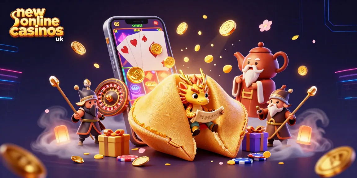 Experience thrilling gaming with new online casinos uk featuring dynamic characters like a wise dragon and golden fortune cookie.
