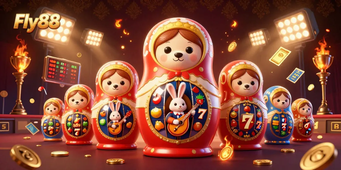 Fly88 offers a vibrant casino scene with adorable Matryoshka bears and slot elements, highlighting exciting gameplay.