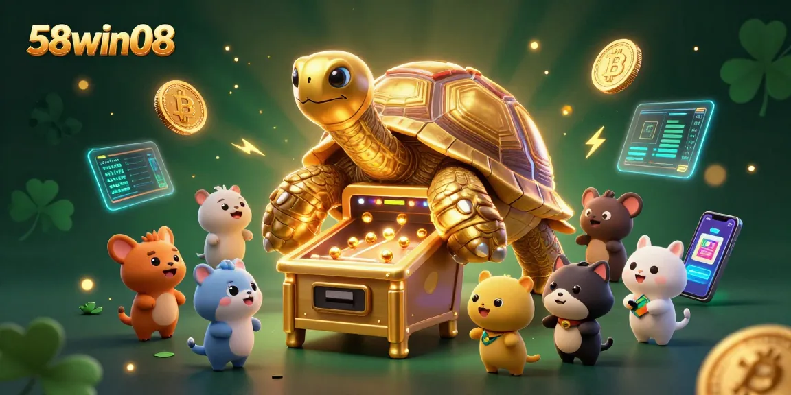 Engage with 58win08's spectacular gaming experience featuring a colossal pinball tortoise and crypto elements.