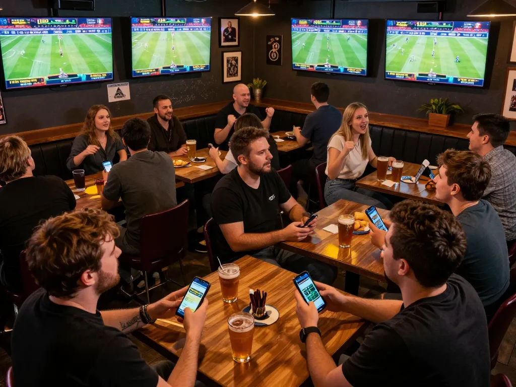 Engaged sports bettors using mobile apps, exploring soi keo nha cai odds in a lively sports bar atmosphere